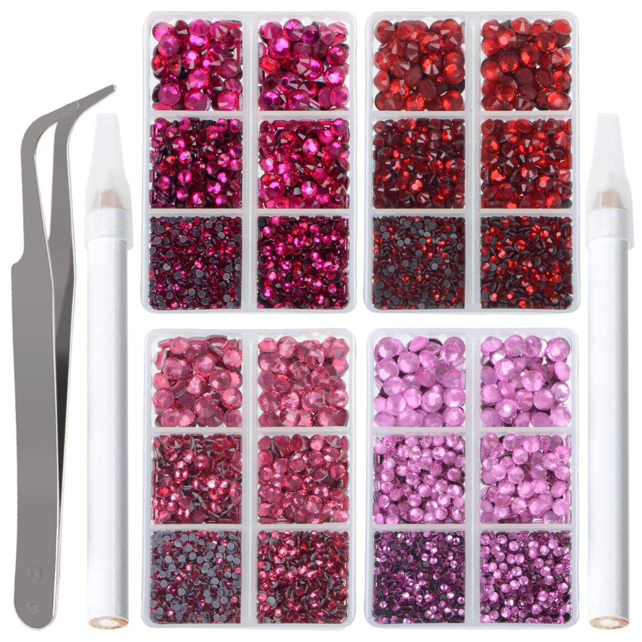 10,000-Piece Hotfix Rhinestone Set – Flatback Glass Rhinestones in Red, Pink, Fuchsia, and Rose with Tweezers and Picking Pen for Crafts, Clothing, and Nail Art